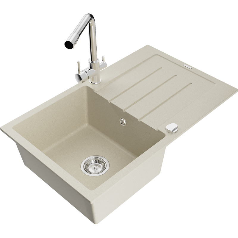 Mexen Bruno chiuvetă granit 1-cameră cu scurgător și baterie de bucătărie Duero, bej - 6513-69-671600-00