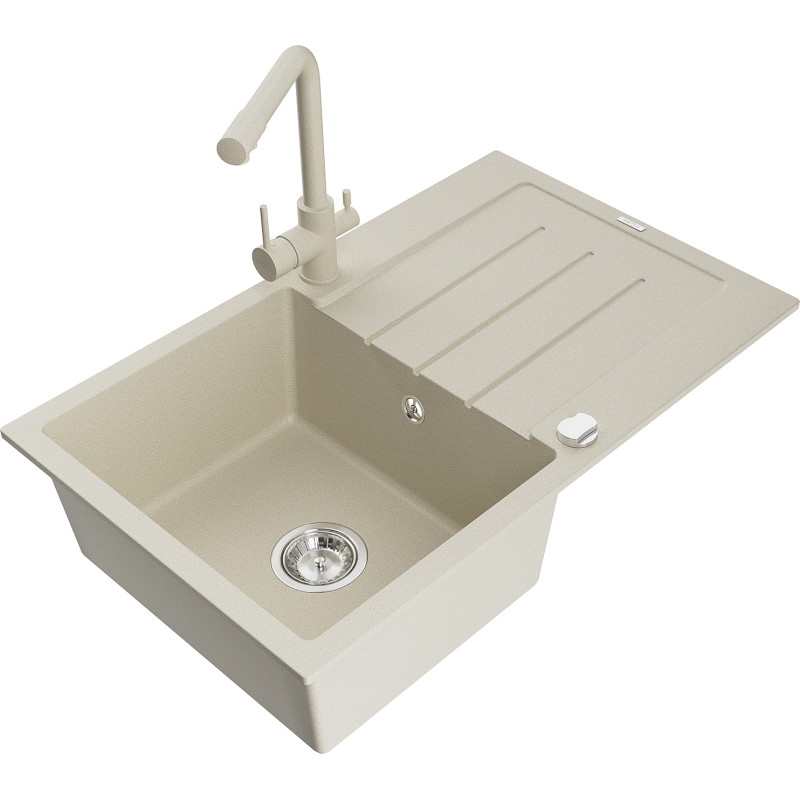 Mexen Bruno chiuvetă de bucătărie din granit cu 1 cuvă, cu scurgător și baterie Duero, bej - 6513-69-671600-69