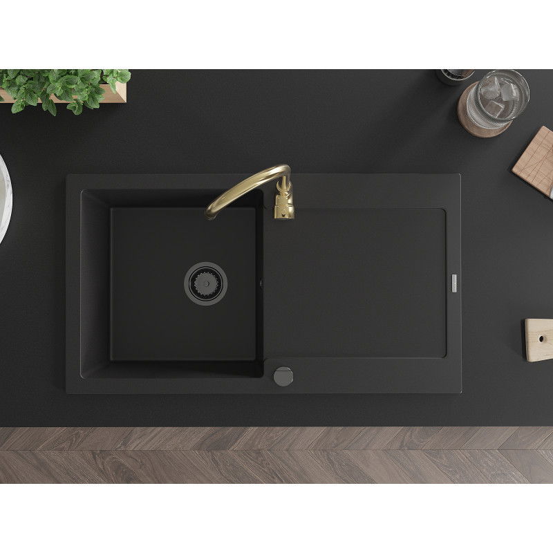 Mexen Leo chiuvetă de granit cu o singură cuvă cu scurgător și baterie de bucătărie Telma, negru - 6501-77-670200-50