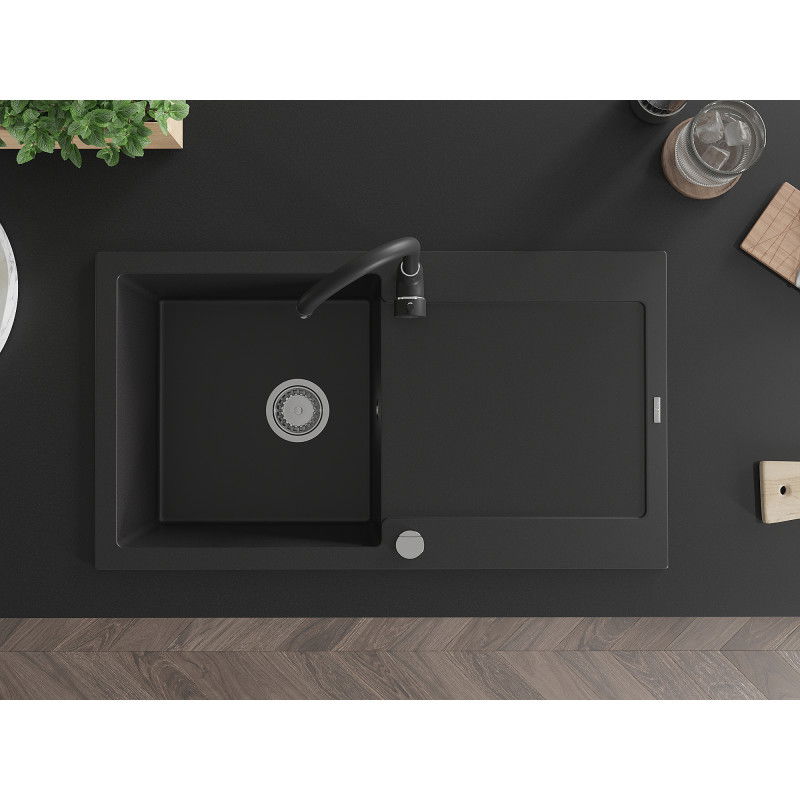 Mexen Leo 1 rekeszes, csepegtetős gránit mosogató és Telma konyhai csaptelep, fekete - 6501-77-670200-70