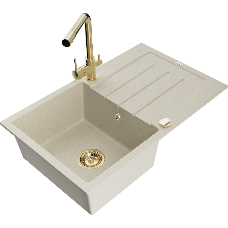 Mexen Bruno egymedencés gránit mosogató csepegtetővel és Duero konyhai csapteleppel, bézs - 6513-69-671600-50