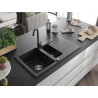Mexen Matias chiuvetă de granit cu 1,5 cuve cu picurător și baterie de bucătărie Telma, negru - 6502-77-670200-70