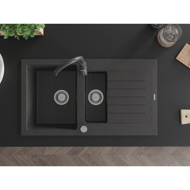 Mexen Matias chiuvetă granit 1,5-camere cu scurgător și baterie de bucătărie Telma, negru cu pete - 6502-76-670200-76