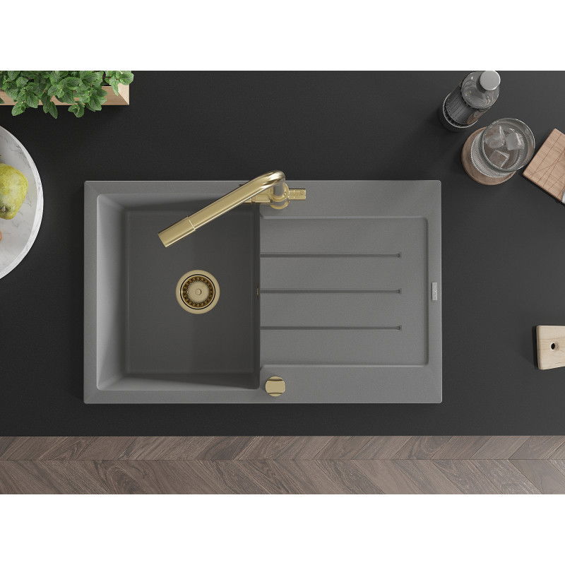 Mexen Bruno Chiuvetă de granit cu o singură cuvă și scurgător, cu baterie de bucătărie Duero, gri - 6513-71-671600-50