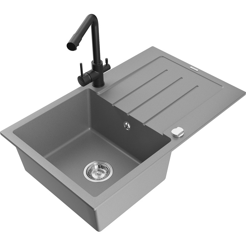 Mexen Bruno chiuvetă de granit cu 1 compartiment cu scurgător și baterie de bucătărie Duero, gri - 6513-71-671600-70