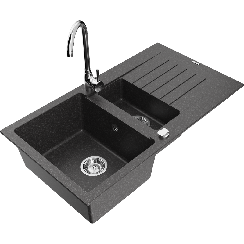 Mexen Matias gránit mosogató 1,5 rekeszes csepegtetővel és Telma konyhai csappal, fekete pöttyös - 6502-76-670200-00