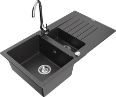 Mexen Matias chiuvetă din granit 1,5 compartimente cu scurgător și baterie bucătărie Telma, negru cu pete - 6502-76-670200-00