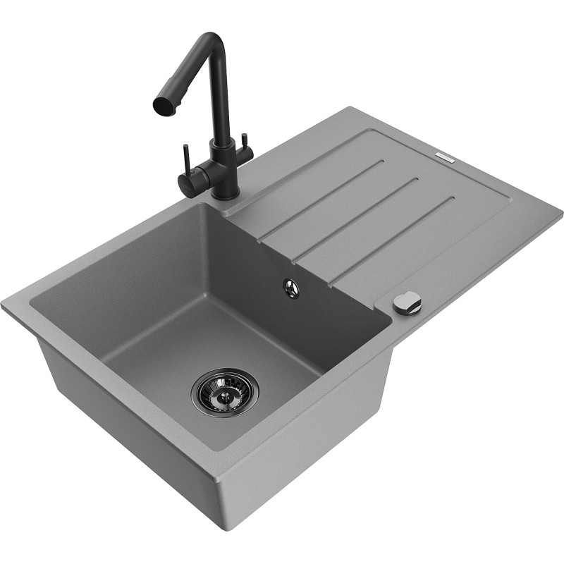 Mexen Bruno chiuvetă din granit cu 1 compartiment cu scurgător și baterie de bucătărie Duero, gri - 6513-71-671600-70-B
