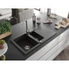 Mexen Matias Chiuvetă de granit de 1,5 compartiment cu picurător și baterie de bucătărie Telma, Neagră/Aurie - 6502-75-670200-70