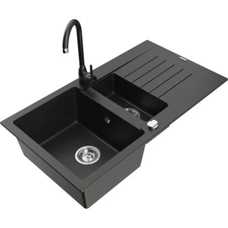 Mexen Matias chiuvetă de bucătărie din granit cu o cuvă și jumătate, cu scurgător și baterie Telma, negru/auriu