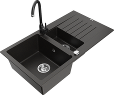 Mexen Matias chiuvetă de bucătărie din granit cu o cuvă și jumătate, cu scurgător și baterie Telma, negru/auriu