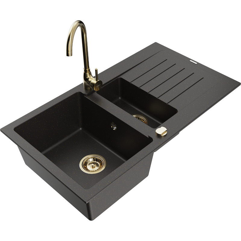Chiuvetă granit Mexen Matias cu 1,5 compartimente cu scurgător și baterie de bucătărie Telma, negru/auriu - 6502-75-670200-50