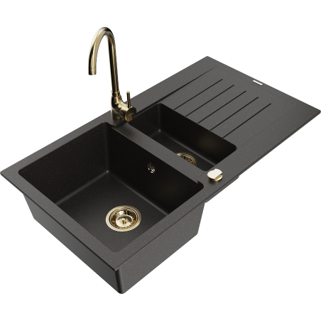 Chiuvetă granit Mexen Matias cu 1,5 compartimente cu scurgător și baterie de bucătărie Telma, negru/auriu - 6502-75-670200-50