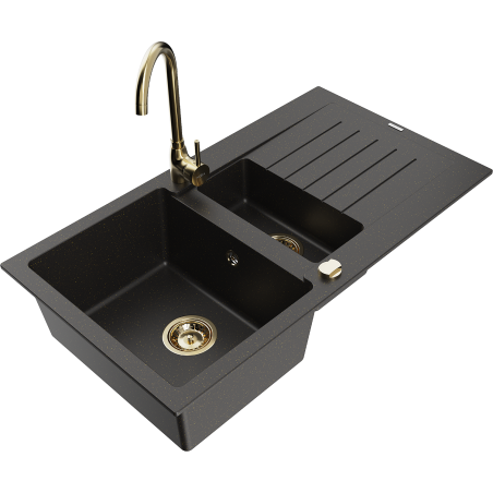 Mexen Matias chiuvetă de granit cu 1,5 cuve, scurgător și baterie de bucătărie Telma, negru/auriu - 6502-75-670200-50