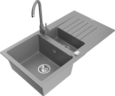 Mexen Matias chiuvetă de granit cu 1,5 compartimente cu scurgător și baterie de bucătărie Telma, gri - 6502-71-670200-71