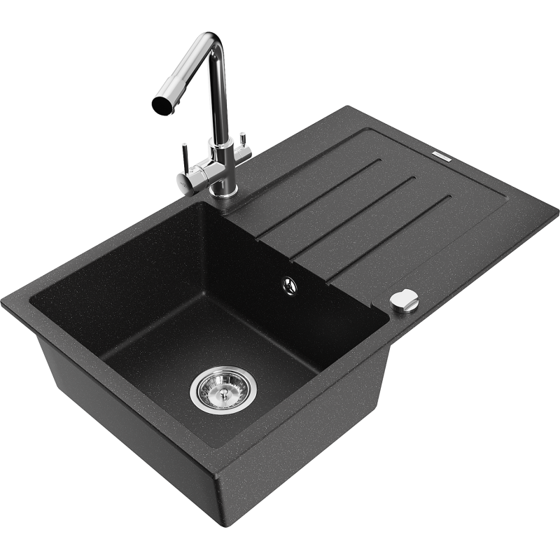 Mexen Bruno chiuvetă de granit cu 1 compartiment cu scurgător și baterie de bucătărie Duero, negru/argintiu metalizat