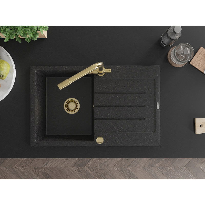Mexen Bruno gránit mosogató 1-medencés csepegtetővel és Duero konyhai csappal, fekete/ezüst metál - 6513-73-671600-50