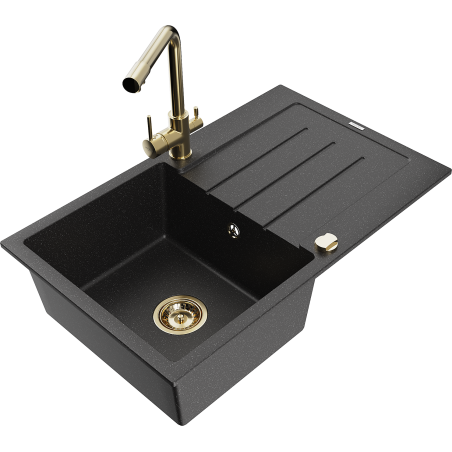 Mexen Bruno gránit mosogató 1-medencés csepegtetővel és Duero konyhai csappal, fekete/ezüst metál - 6513-73-671600-50