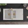 Mexen Matias Chiuvetă de granit de 1,5 compartiment cu picurător și baterie de bucătărie Telma, Albă - 6502-20-670200-50