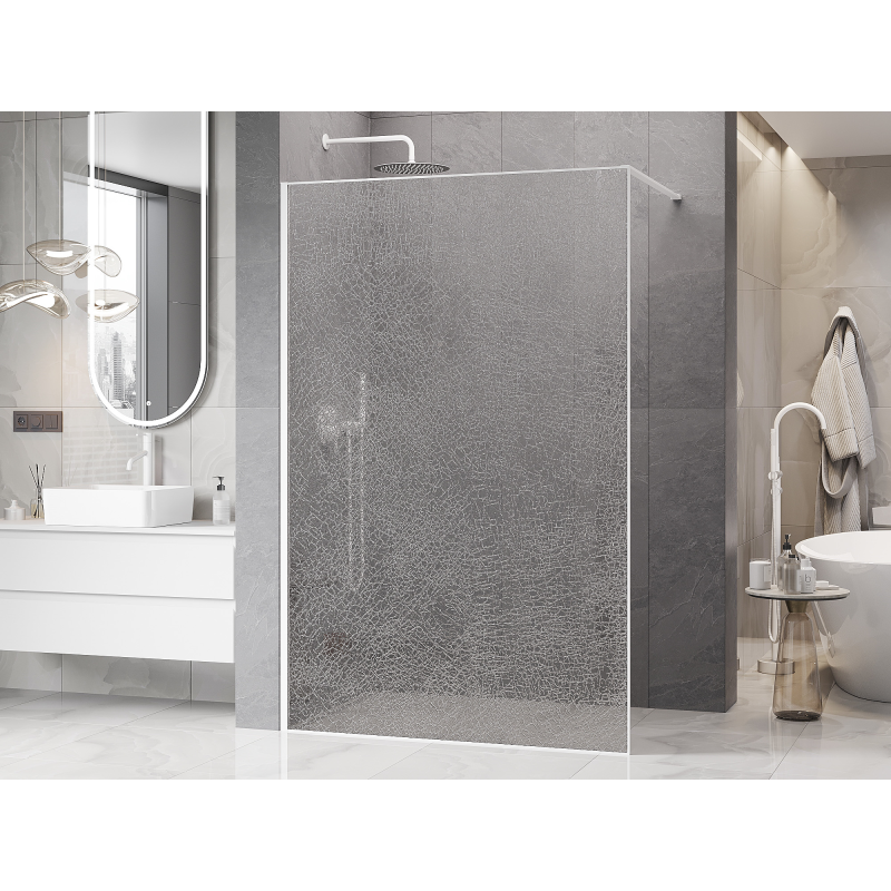 Mexen Kioto Walk-in zuhanyfal 120 x 200 cm, áttetsző repedezett 12 mm, fehér - 800-120-101-20-04-X