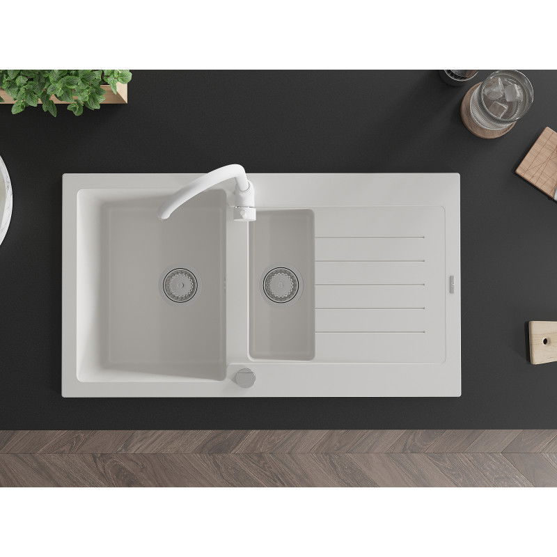 Mexen Matias 1,5 rekeszes, csepegtetővel és Telma konyhai csapteleppel, fehér gránit mosogató - 6502-20-670200-20