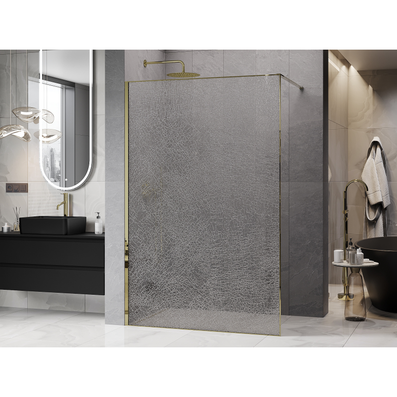 Mexen Kioto perete de duș Walk-in 100 x 200 cm, crackle transparent 12 mm, aurie - 800-100-101-50-04-X