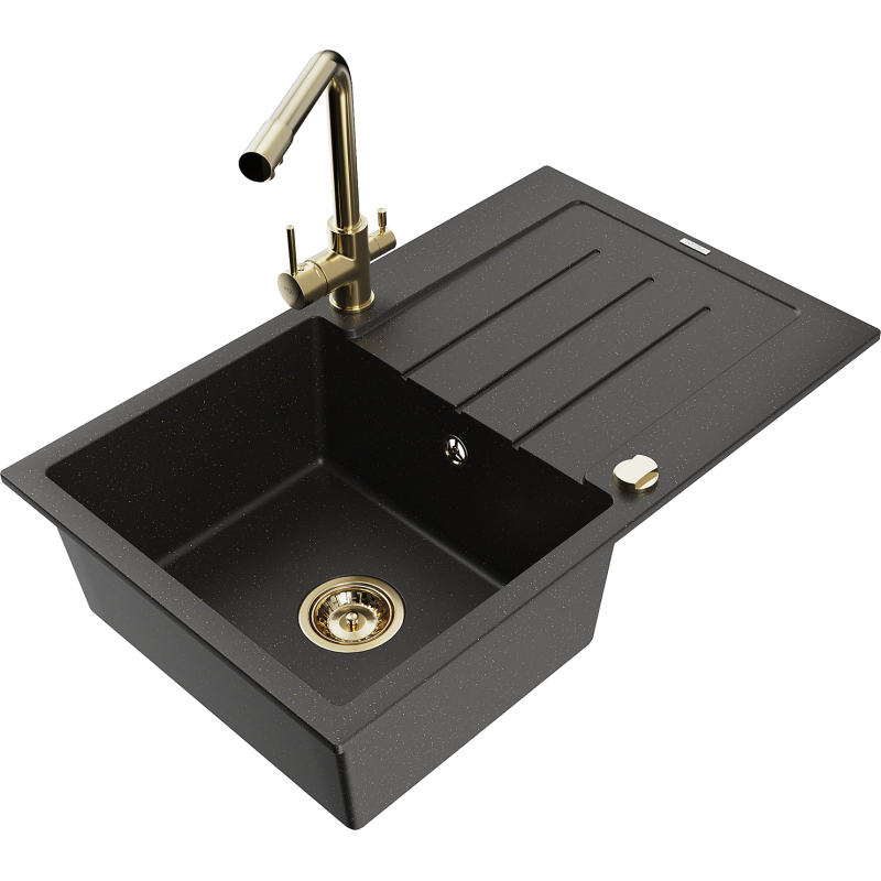Mexen Bruno chiuvetă de granit cu o singură cuvă, cu picurător și robinet de bucătărie Duero, negru/auriu metalizat