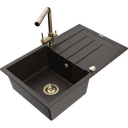 Mexen Bruno chiuvetă de granit cu o singură cuvă, cu picurător și robinet de bucătărie Duero, negru/auriu metalizat
