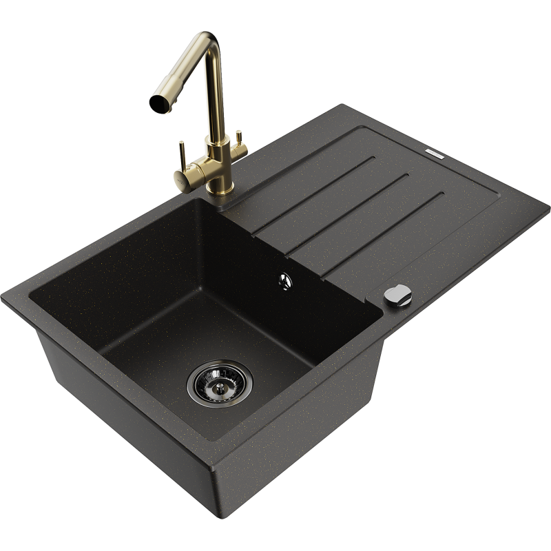 Mexen Bruno chiuvetă de granit cu 1 cuvă, cu scurgător și baterie de bucătărie Duero, negru/auriu metalizat