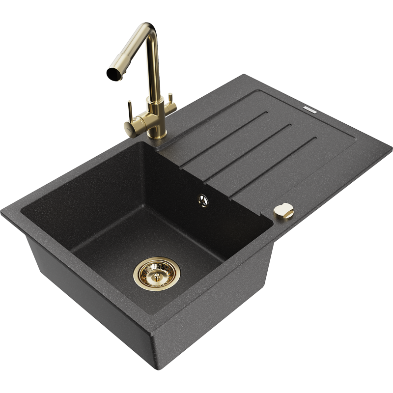 Mexen Bruno chiuvetă granit 1-camera cu scurgător și baterie bucătărie Duero, negru cu pete - 6513-76-671600-50