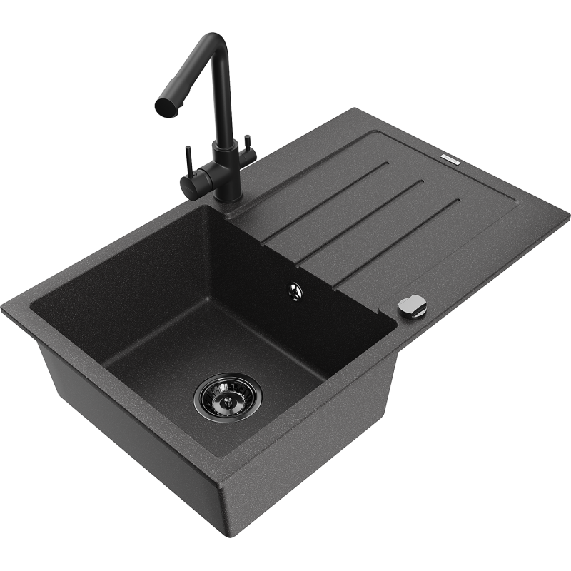 Chiuvetă de granit Mexen Bruno 1-compartiment cu picurător și baterie de bucătărie Duero, negru pătat - 6513-76-671600-70-B