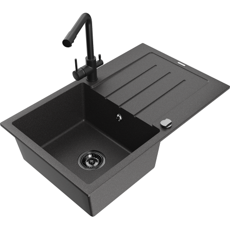 Chiuvetă de granit Mexen Bruno 1-compartiment cu picurător și baterie de bucătărie Duero, negru pătat - 6513-76-671600-70-B