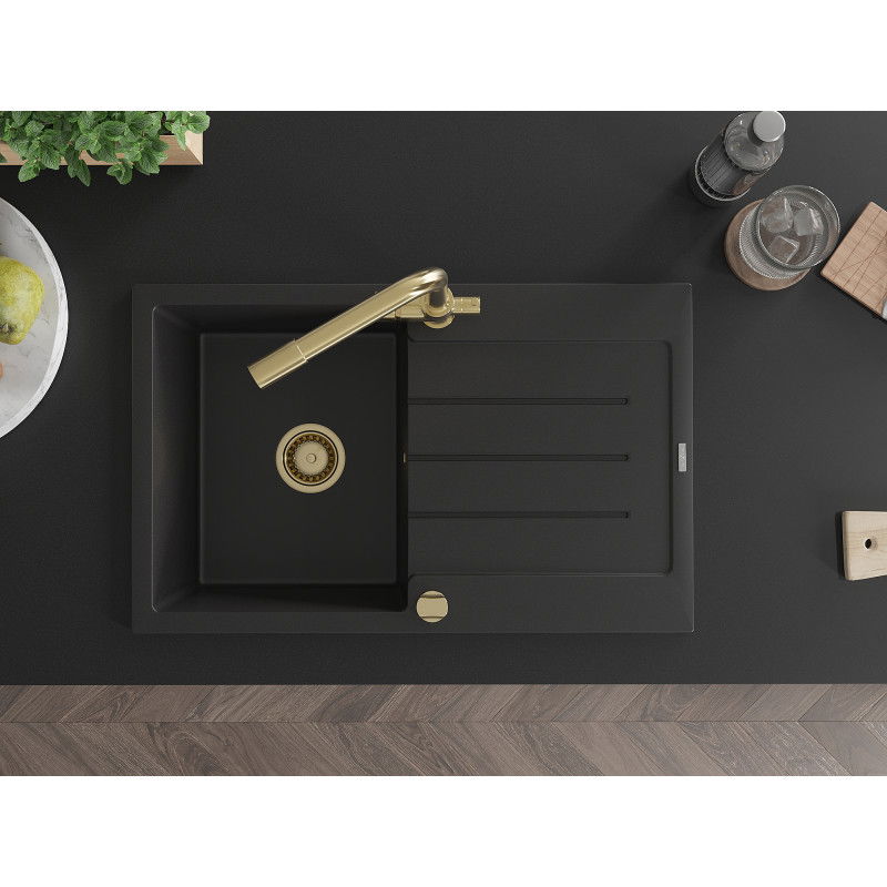 Mexen Bruno 1-kamrás gránit mosogató csepegtetővel és Duero konyhai csapteleppel, fekete - 6513-77-671600-50