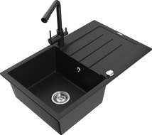 Mexen Bruno chiuvetă de granit cu 1 compartiment și scurgător, cu baterie de bucătărie Duero, negru - 6513-77-671600-70