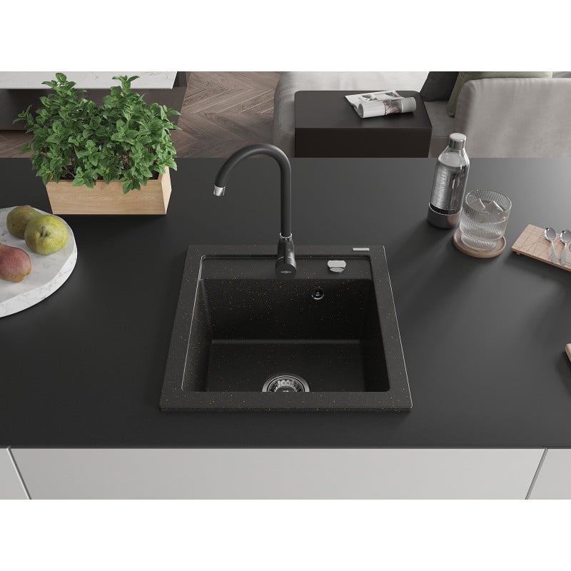 Mexen Vito chiuvetă de granit cu 1 cameră cu baterie de bucătărie Telma, negru/auriu metalizat - 6503-75-670200-70