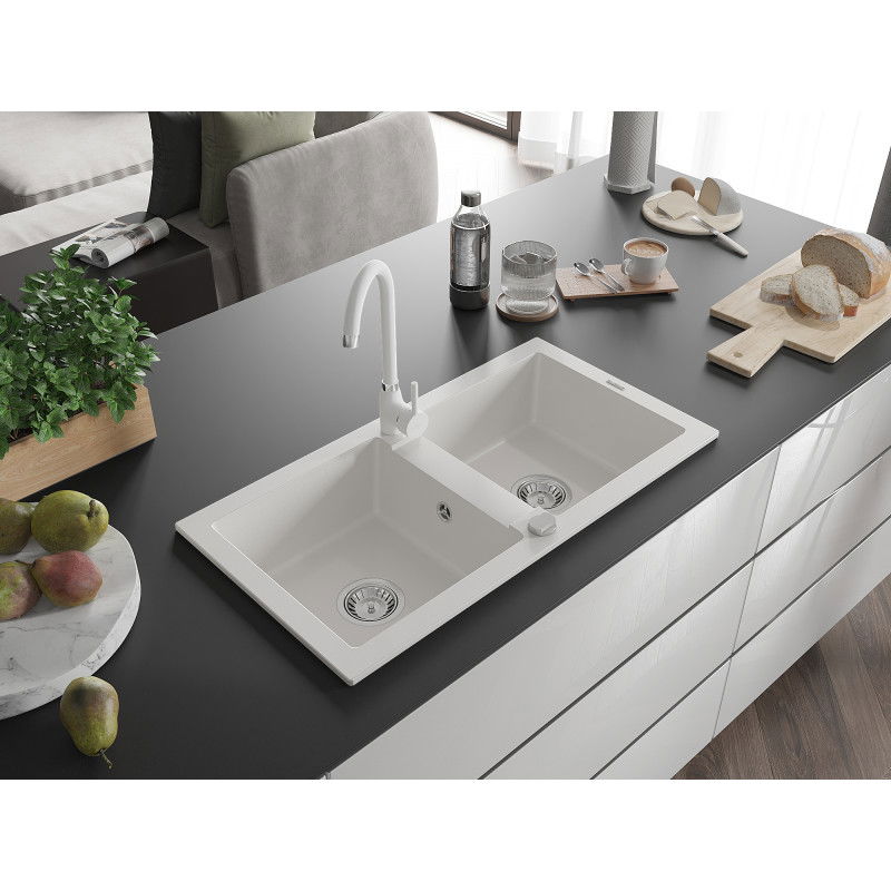 Mexen Mario chiuvetă de granit cu 2 compartimente și baterie de bucătărie Telma, alb - 6504-20-670200-20