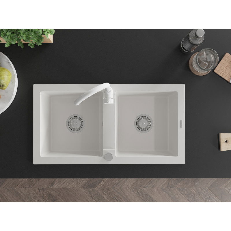 Mexen Mario 2 kamrás gránit mosogató Telma konyhai csapteleppel, fehér - 6504-20-670200-20