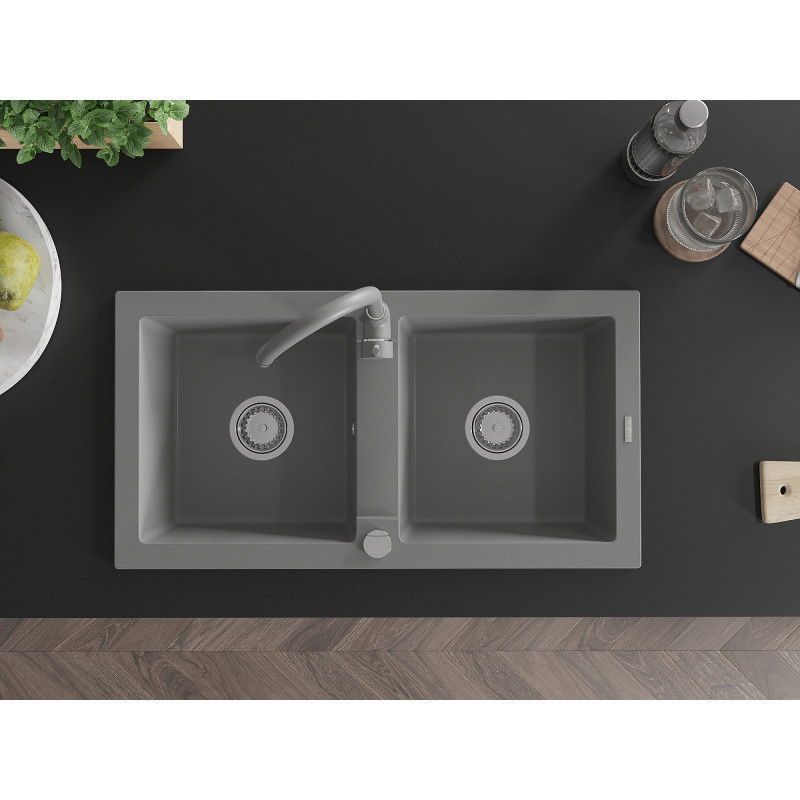 Mexen Mario chiuvetă de granit cu 2 compartimente și baterie de bucătărie Telma, gri - 6504-71-670200-71