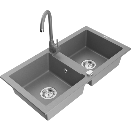 Mexen Mario 2 rekeszes gránit mosogató Telma konyhai csapteleppel, szürke - 6504-71-670200-71