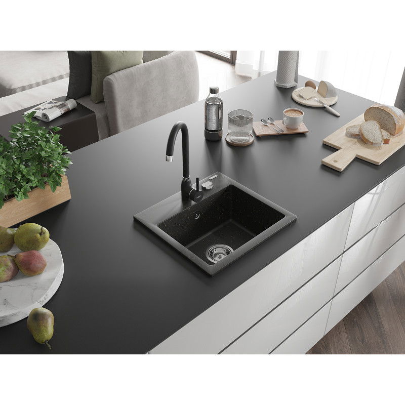 Mexen Milo chiuvetă de granit cu 1 compartiment cu baterie de bucătărie Telma, negru/auriu - 6505-75-670200-70