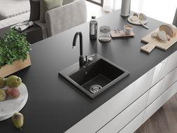 Mexen Milo chiuvetă de granit cu 1 compartiment cu baterie de bucătărie Telma, negru/auriu - 6505-75-670200-70