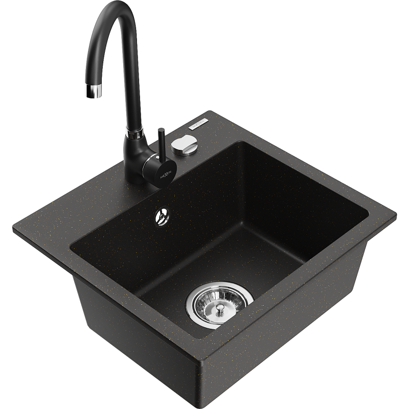 Mexen Milo chiuvetă de granit cu 1 compartiment cu baterie de bucătărie Telma, negru/auriu - 6505-75-670200-70