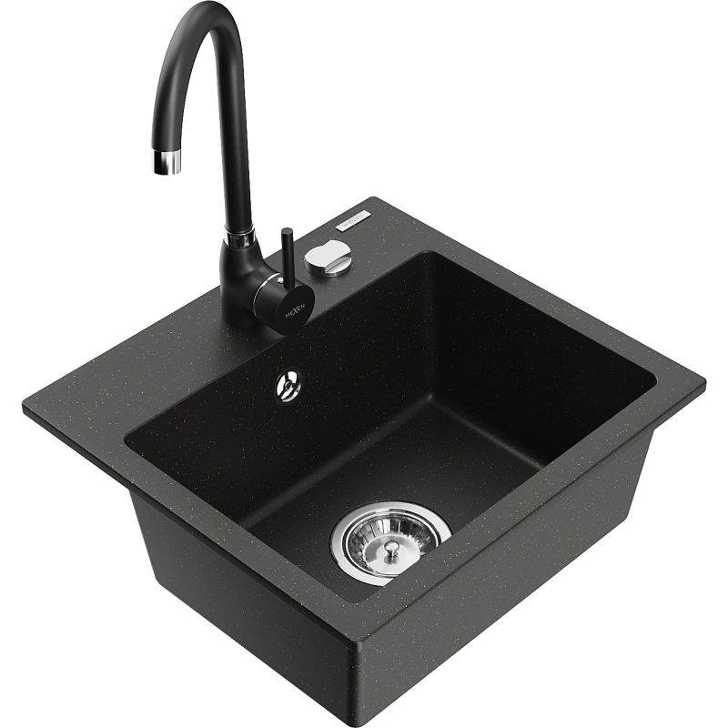 Mexen Milo egymedencés gránit mosogató, Telma konyhai csapteleppel, fekete/arany - 6505-75-670200-70