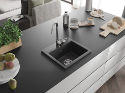 Mexen Milo chiuvetă de granit cu 1 compartiment cu baterie de bucătărie Telma, negru cu stropi - 6505-76-670200-00