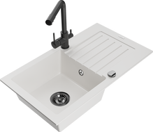 Mexen Pablo chiuvetă de granit cu 1 compartiment și scurgător și baterie de bucătărie Duero, alb - 6510-20-671600-70