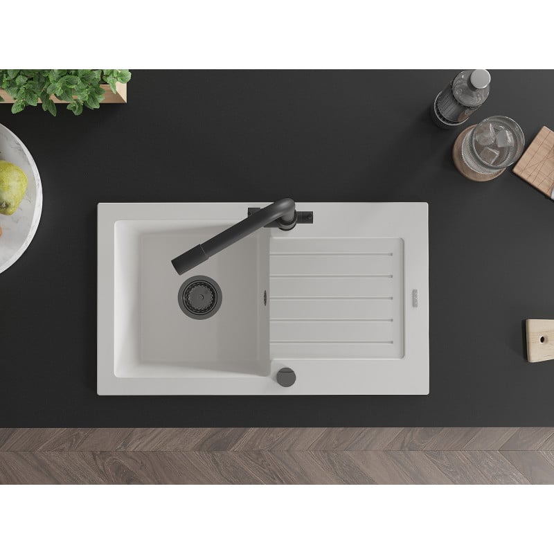 Mexen Pablo egymedencés gránit mosogató csepegtetővel és Duero konyhai csapteleppel, fehér - 6510-20-671600-70