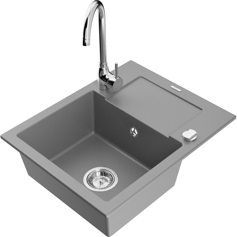 Mexen Enzo chiuvetă de granit cu 1 compartiment cu scurgător și baterie de bucătărie Telma, gri - 6506-71-670200-00