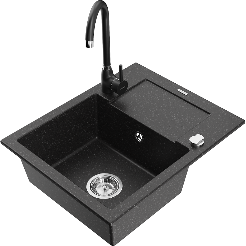 Chiuvetă granit Mexen Enzo, 1 compartiment cu scurgător și baterie Telma, negru/argintiu - 6506-73-670200-70