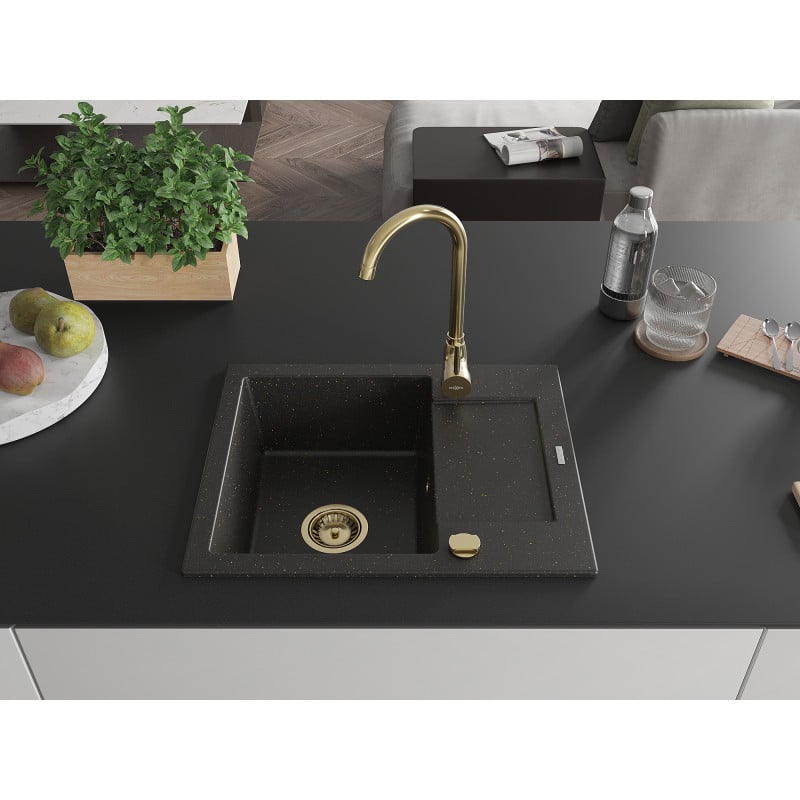 Mexen Enzo chiuvetă de granit cu 1 compartiment cu scurgător și baterie de bucătărie Telma, negru/auriu - 6506-75-670200-50