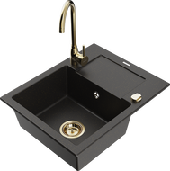 Mexen Enzo egymedencés gránit mosogató csepegtetővel és Telma konyhai csapteleppel, fekete/arany - 6506-75-670200-50